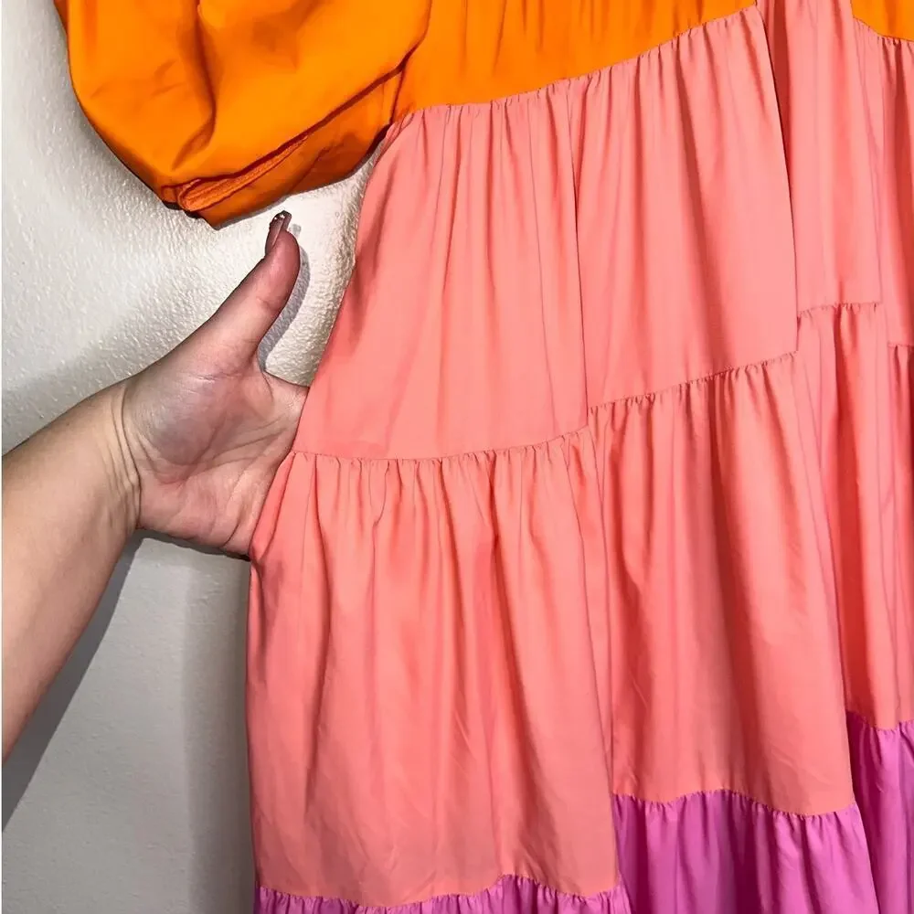 Staud Meadow Color Block Maxi Dress Puff Sleeves Pink Orange Size XS V-Neck